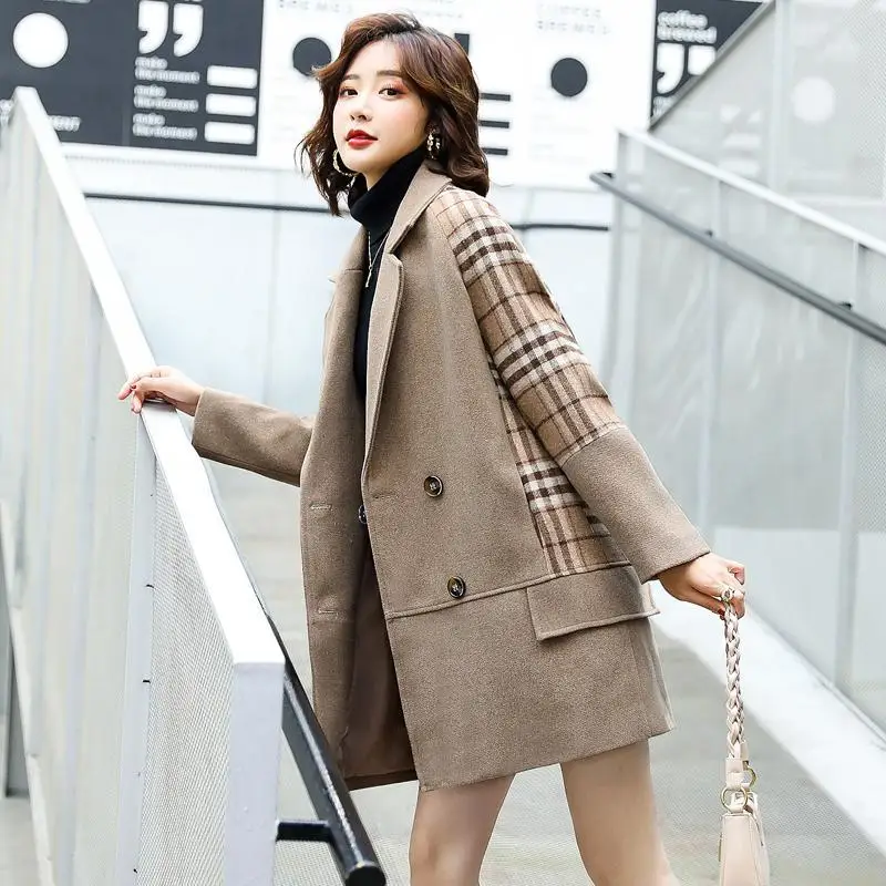 Осенне-зимнее Новое корейское модное свободное шерстяное пальто-кокон в клетку |
