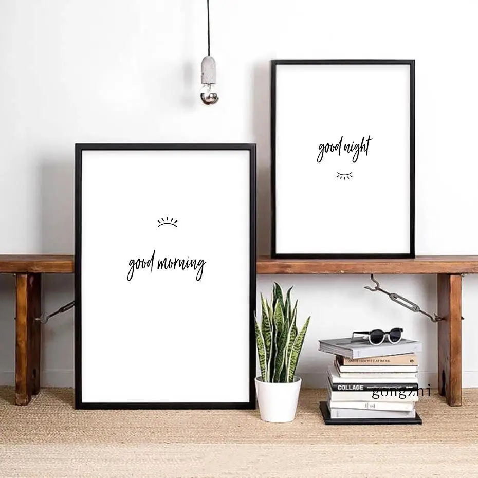 Картины на холсте «доброе утро и хорошая ночь», минималистичные черно-белые буквы, плакаты, печать, настенные картины, декор для спальни Картины на холсте «доброе утро и хорошая ночь», минималистичные черно-белые буквы, плакаты, печать, настенные картины, декор для спальни