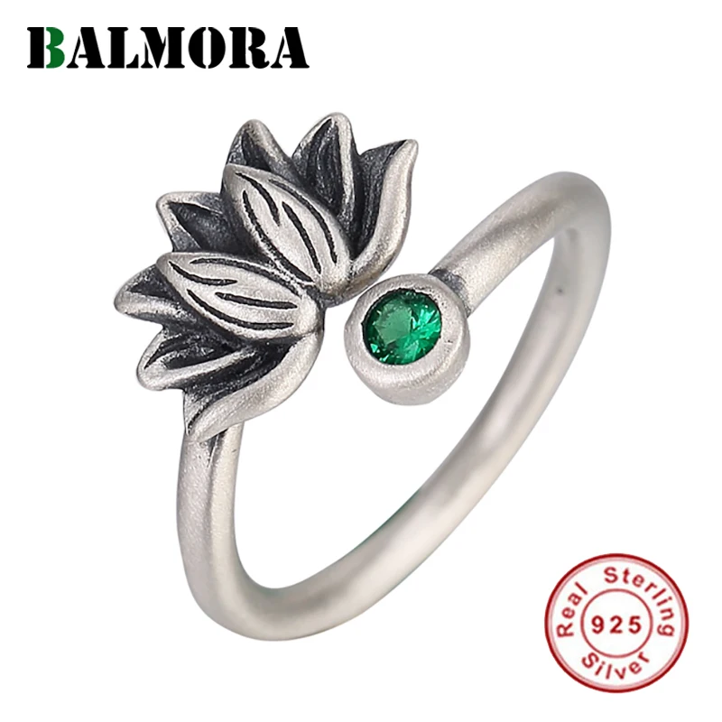 

BALMORA 925 Sterling Silver Lotus Flower Open Rings for Women Men Gift Green Zircon Vintage Ring Silver Jewelry Anillos