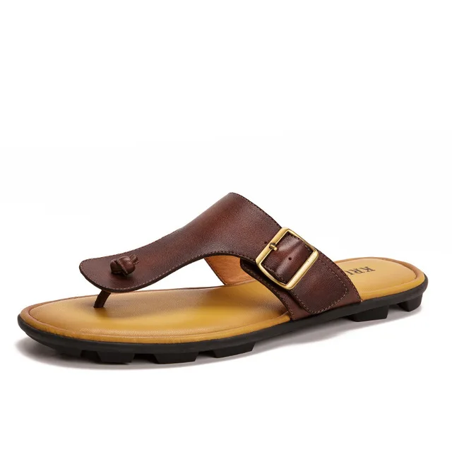 Мужские тапочки летние из натуральной кожи Нескользящие пляжные туфли