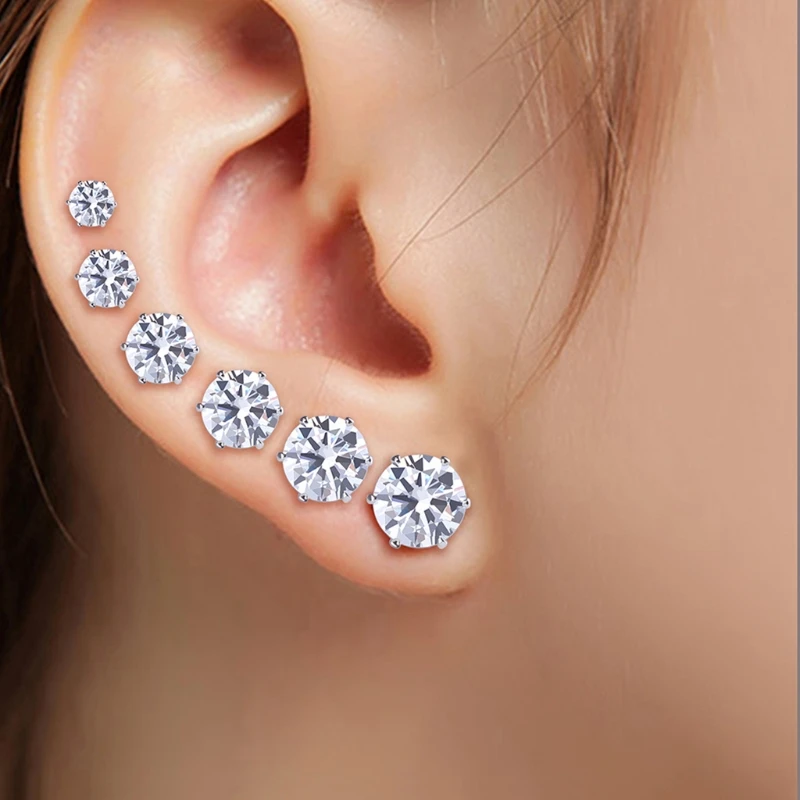 

6Pairs/Set Stainless Steel Round Zircon Rhinestone Ear Studs Earrings Jewelry