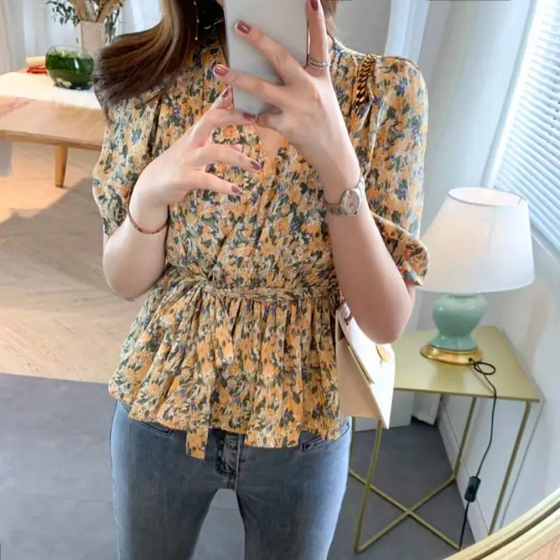 

Womens Floral Print Short Sleeve Shirts Blouses V-Neck Chiffon Blouse Casual Blusas Tops