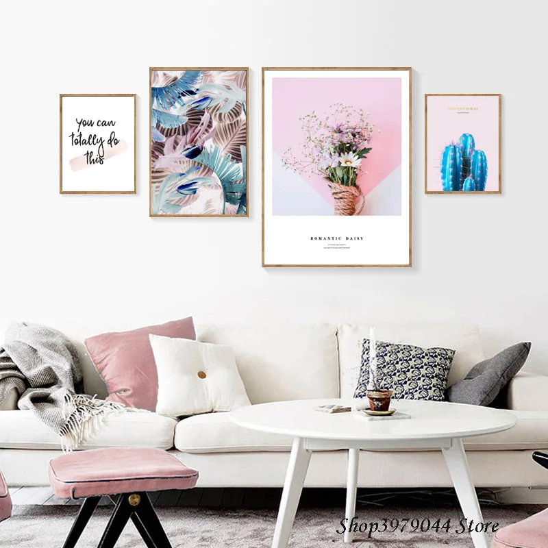 Синий кактус Холст плакат розовый цветок Маргаритка стены художественная