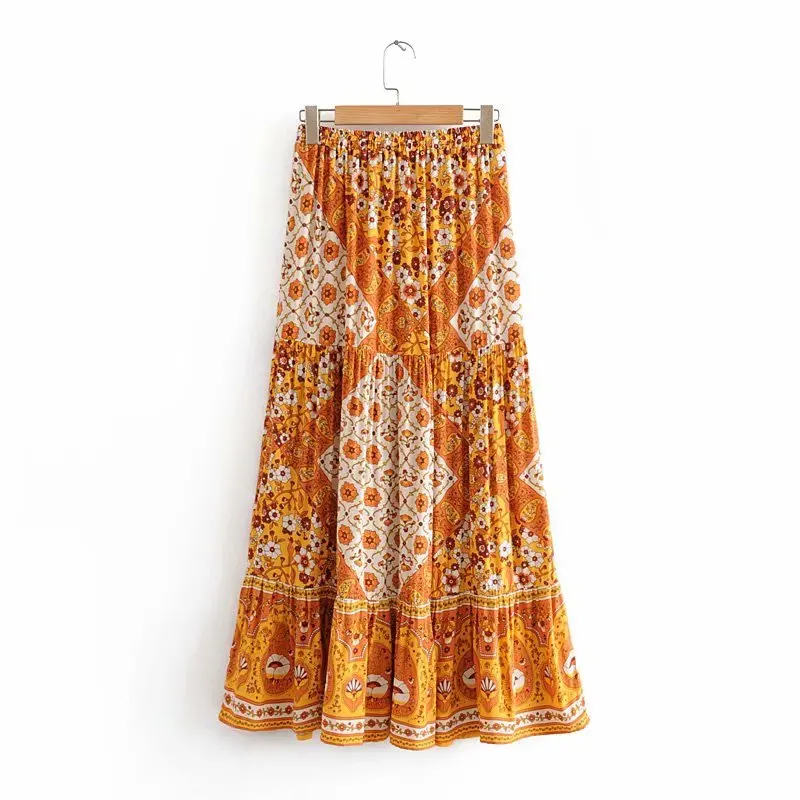 Женская длинная юбка в богемном стиле с цветочным принтом и складками faldas mujer