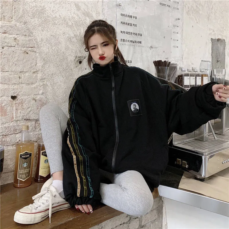 Женская свободная куртка-бомбер Harajuku Повседневная Базовая черная куртка