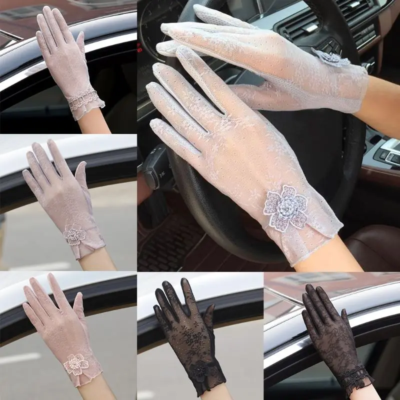 

2020 Women Summer UV Protection Lace Gloves Touch Screen Non-Slip Ice Silk Sunscreen Wedding Driving Thin Short Mittens