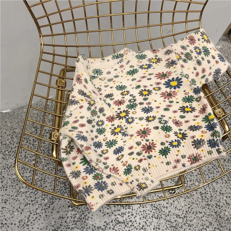 Осенняя модная одежда для девочек красочные маргаритки теплые свитера маленьких