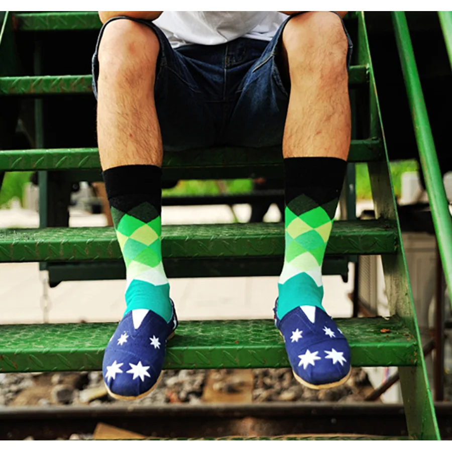 

Classic Men Crew Socks Cotton Casual Business Dress Style Colorful Sock Gradient Diamond Check Pattern Happy Funny Type