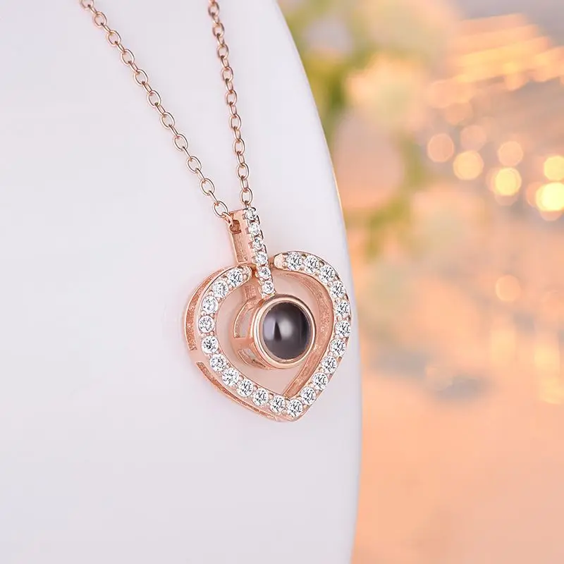 style 3 rose gold Amxiu, персонализированное 925 Серебряное ожерелье в форме сердца, проекция 100 языков, я люблю тебя, колье, ожерелье для женщин, особый уникальный подарок - Окраска металла: style 3 rose gold