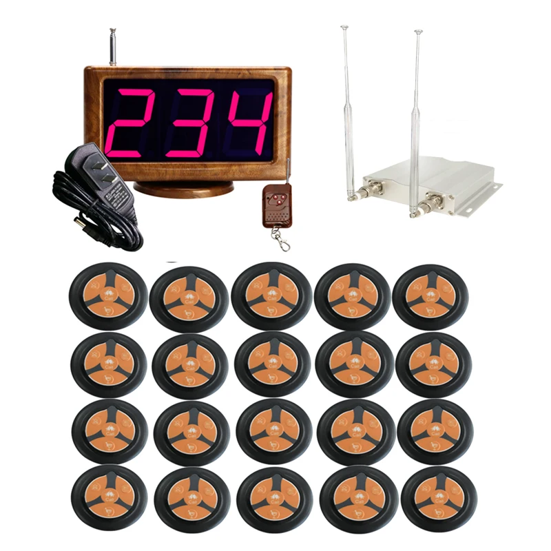

Wireless Service Calling System 1 Host LED Display Receiver+20 Four Keys Buttons +1 Signal Booster Repeater for Restaurant