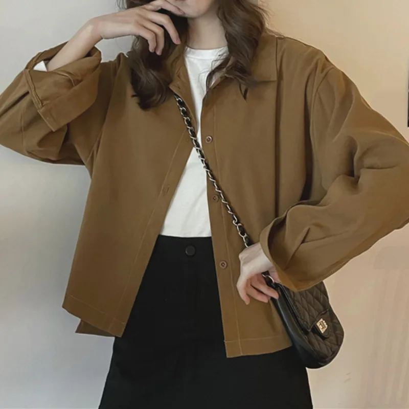 

Autumn Korean 2021 New Fashion Versatile Solid Color Loose Polo Collar Single Breasted Long Sleeve Shirt Top Women's Fashion