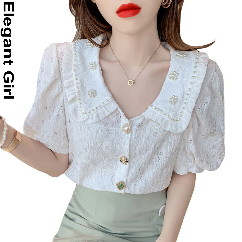 

Summer Blouses Women Tops Loose Kawaii Shirt Retro Korean Blusas Mujer Beading Peter Pan Collar Vintage Short Puff Sleeve