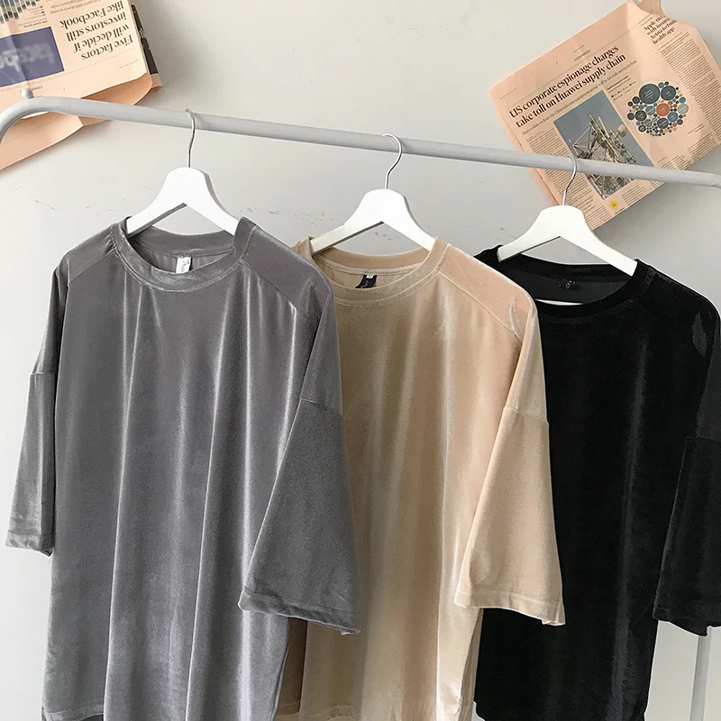 

M-XL!Summer Korean velvet bright net red T-shirt men's short-sleeved loose loose silky half-sleeved shirt tide brand.