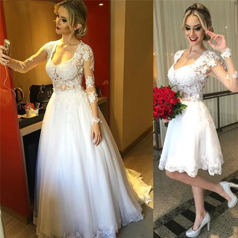 

Long Sleeve Lace Wedding Dress 2 in 1 Detachable Skirt Wedding Gown Back Illusion Princess Bridal Dresses 2021 vestido de novia