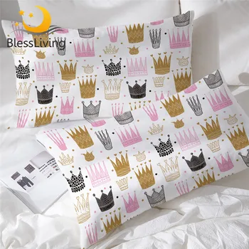 BlessLiving Princess Crown Pillowcase Pink Sleeping Pillow Case Girly Bedding Cartoon Pillowcase Cover 2pcs Funda Almohada 1