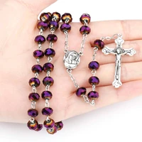 new 2021 vintage virgin mary cross pendant rosary necklace purple glass crystal beads catholic prayer religion jewelry