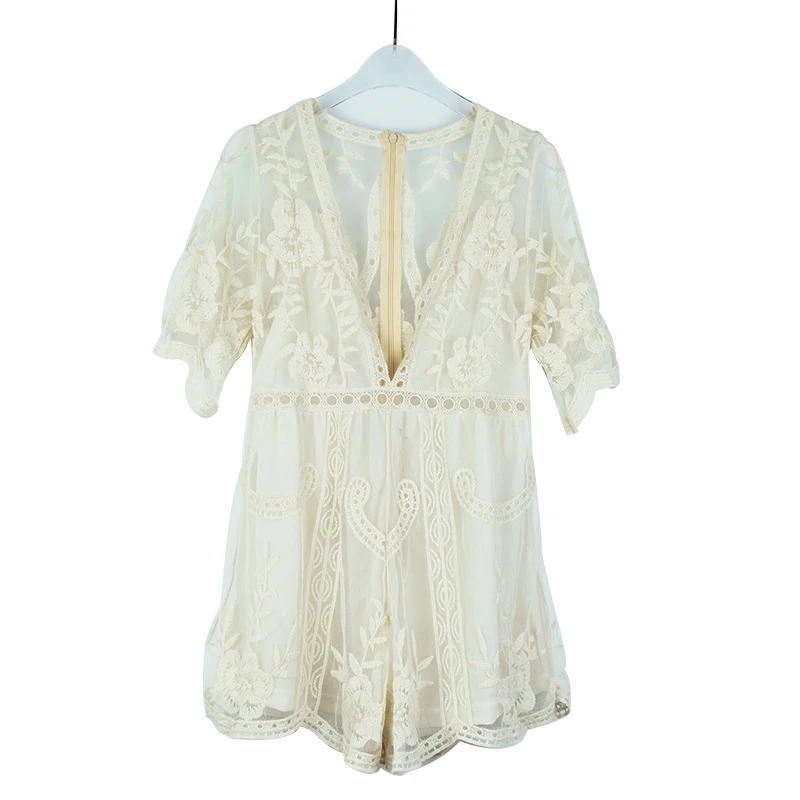 

Women Romper Playsuit Lace Drawstring V Neck Short Sleeve High-waist Short Jumpsuit Cotton Playsuit jumpsuits for women 2021
