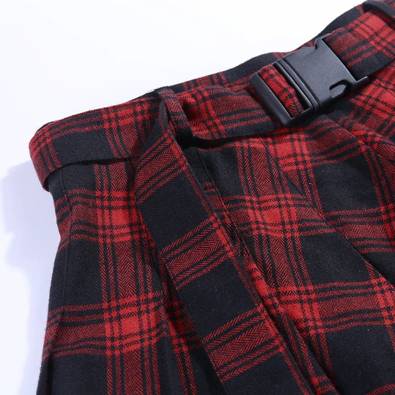 Harajuku Plaid Skirt Women Japanese Jk High Waist with Chain Pocket Mini Summer Streetwear Goth Punk Red Pleated Skirts | Женская одежда