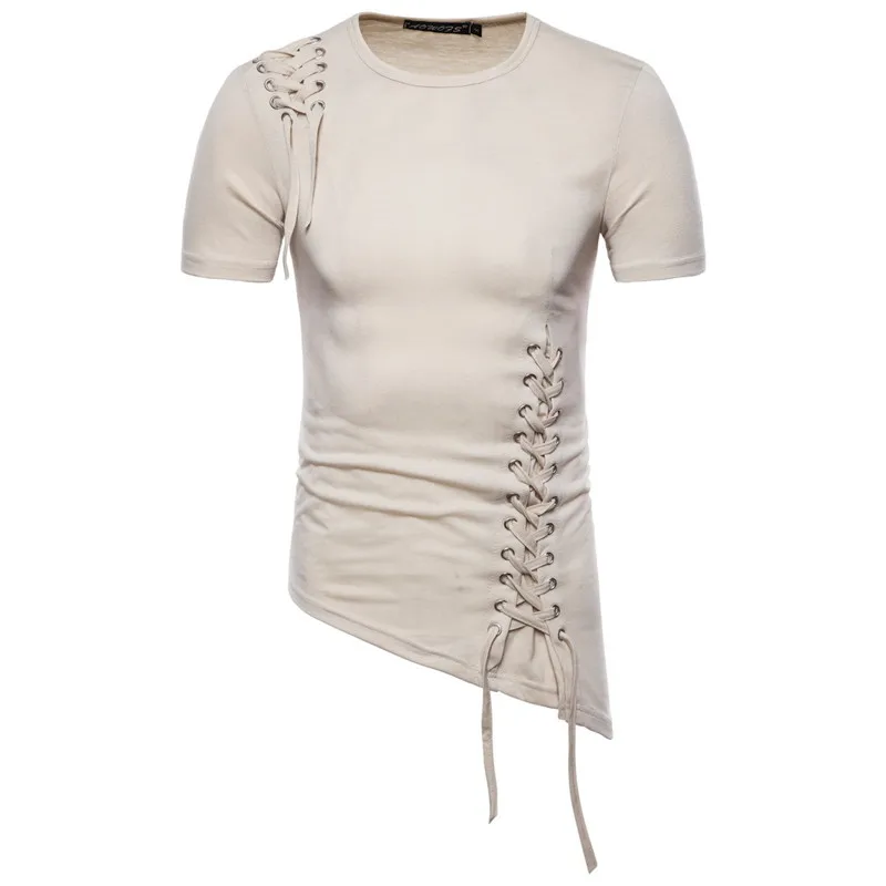 

man's short sleeve Long sleeve T-shirt fashion Slim irregular design braided rope 0-collar t shirts men Hip hop punk streetwear