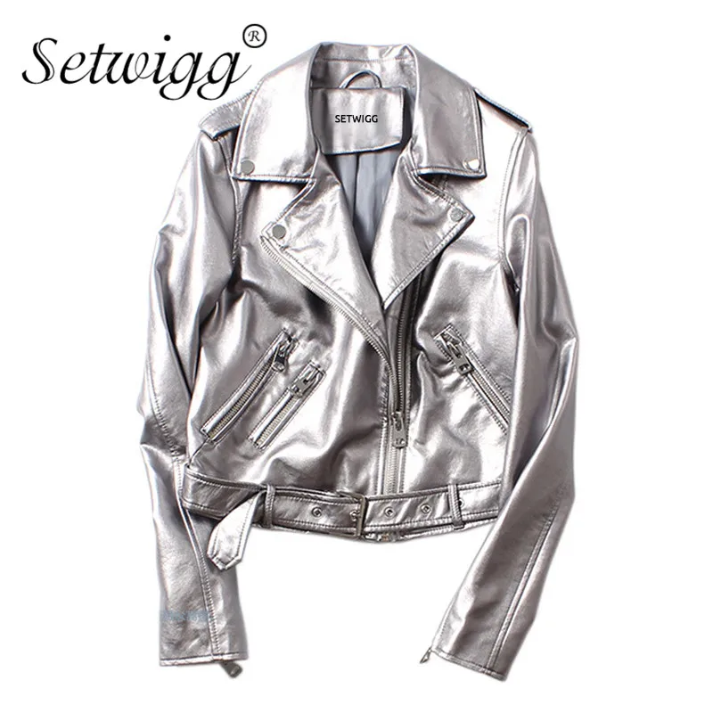 Женские металлические куртки из полиуретановой кожи серебристые Мотоциклетные