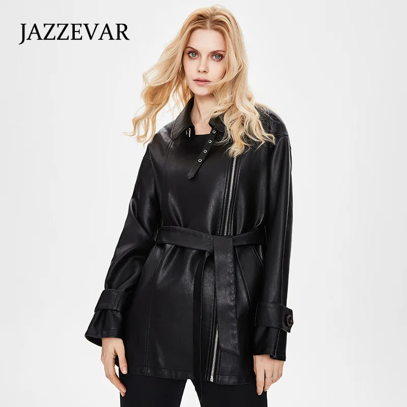 JAZZEVAR 2021 Autumn New British Style Retro Classic Gun Collar Design Mid-length PU Leather Jacket