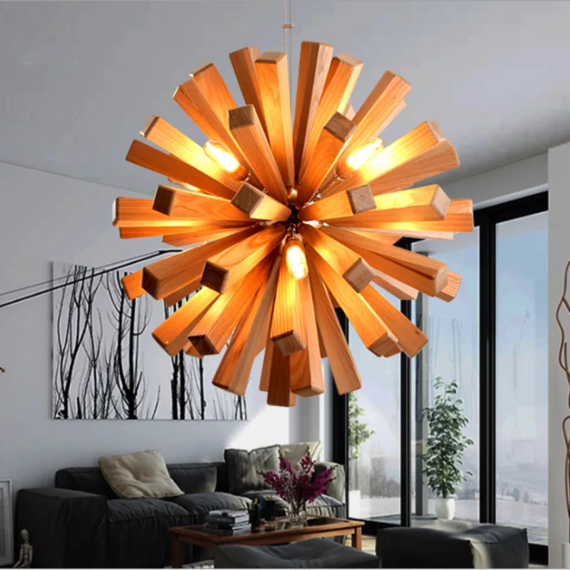 

Art Decoration Wooden Dandelion Pendant Light Creative Pendant Lamps Living Room Restaurant Bar Luminaire Light Fixtures