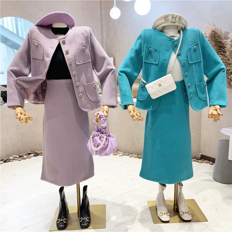 

New Women's clothes 2021 Autumn Winter Solid color single breasted woolen coat + medium length high waist skirt two-piece set