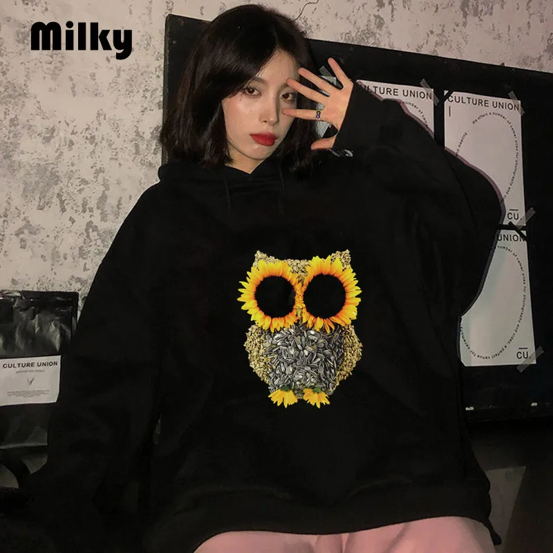 Autumn Women's Sunflower Owl Aesthetic Fashion Long Sleeved Soft Hooded Pullovers Top ART Prints women Hoodie sweatshirt female