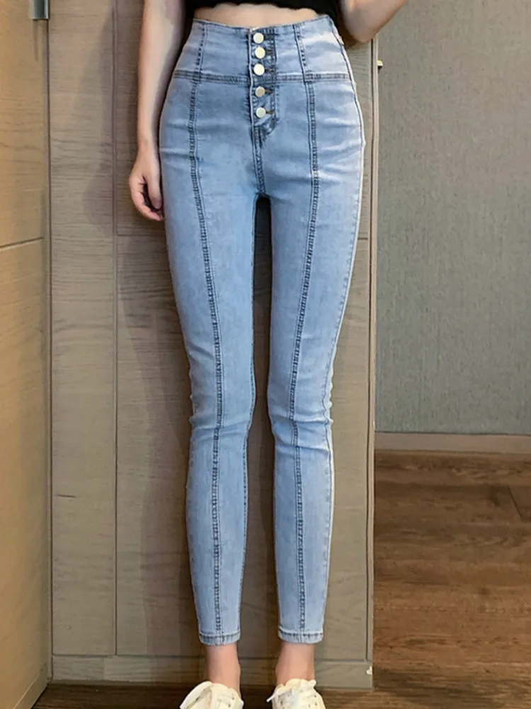 

Skinny Jeans Woman High Waist Buttons 2021 New Fashion Korean Slim Stretch Jeans Y2K Vintage Denim Pants Vaqueros Mujer