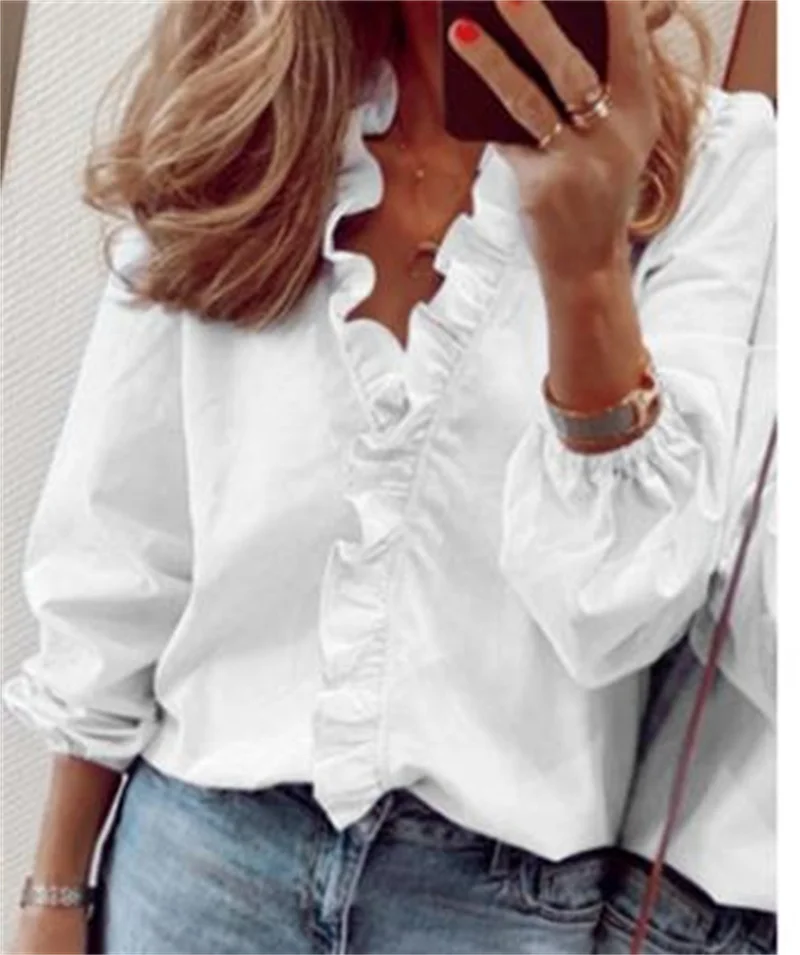 

Women Ruffled Shirt, Adults Loose Solid Color Long Sleeve V-neck Pullover (White, Green, Sky Blue, Orange)