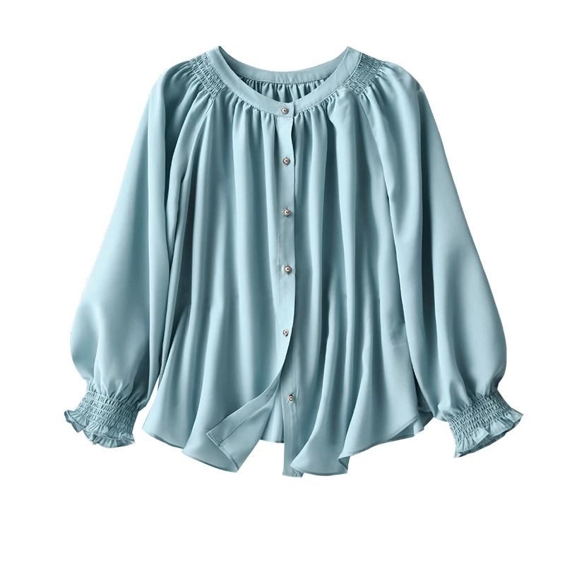 

SHUCHAN Blue Indie Folk Women's Long Sleeve Chiffon Tops Synthetic Fiber Solid O-Neck Lantern Sleeve Casual Shirts Blouse