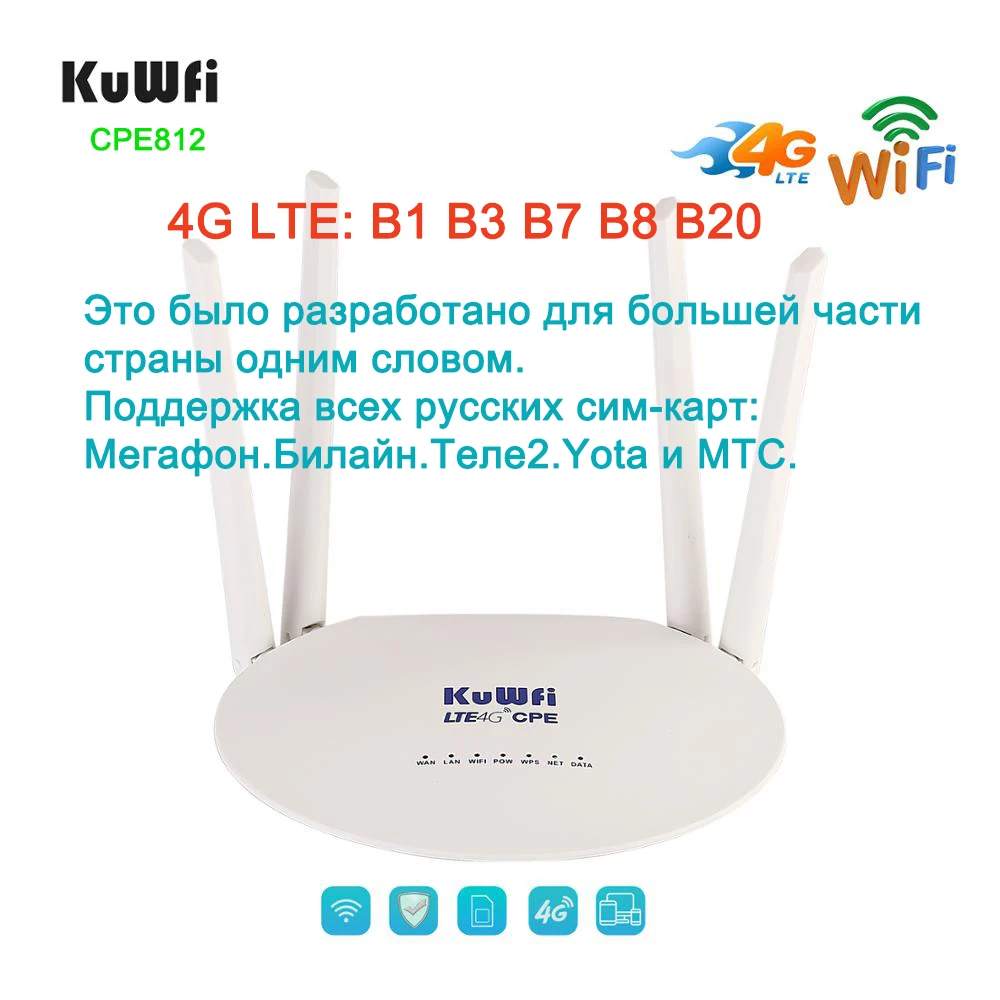 KuWFi 4G LTE Wifi Router 300 Мбит / с 3G / 4G Беспроводной CPE-маршрутизатор с поддержкой слотов для SIM-карт 4G в LAN с 4шт антеннами до 32 пользователей