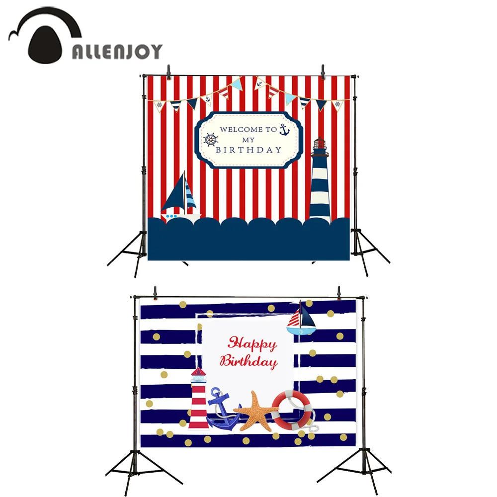 

Allenjoy Stripes Photozone Summer Sea Theme Lighthouse Anchor Flags Birthday Party Banner Boy Baby Shower Navy Style Backdrop