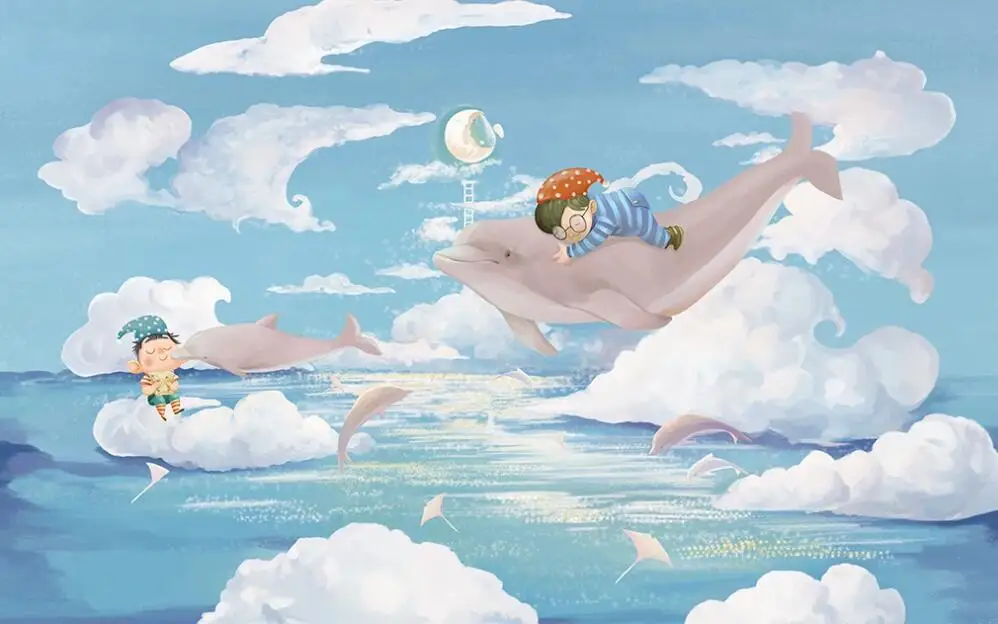 3D-обои Milofi на заказ настенные скандинавские Мультяшные дельфины для океана фон