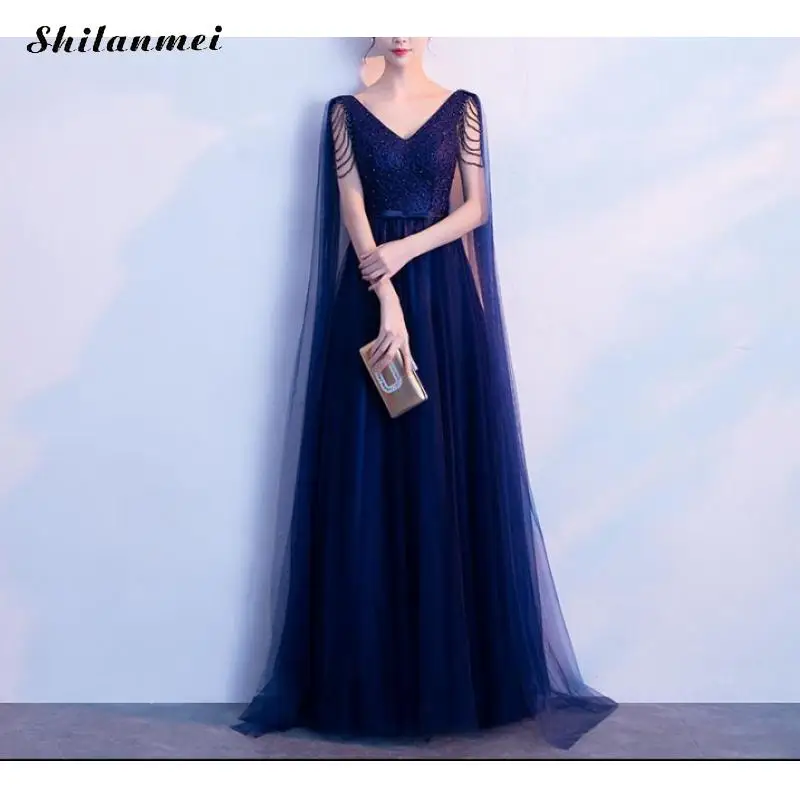 Vintage Cloak Sleeve Evening Party Dress Women Elegant Rolay Blue Sequin Loor-Length Sexy Deep V Long Plus Size Dresses | Женская одежда