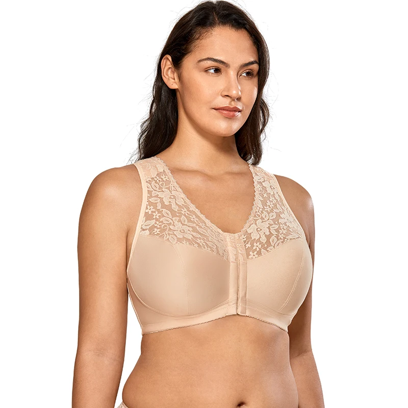 Beige03 Женский полный охват беспроводной кружева размера плюс застежка спереди бюстгальтер-борцовка - Цвет: Beige03