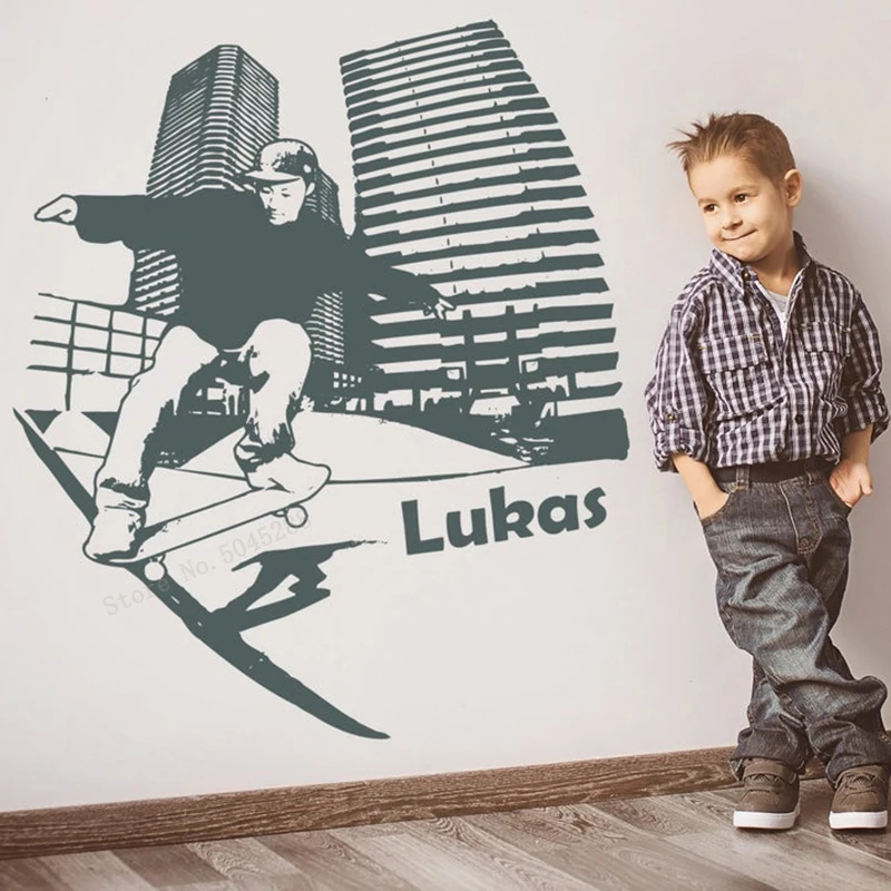 Персонализированные настенные наклейки для скейтборда с именем детские на стену