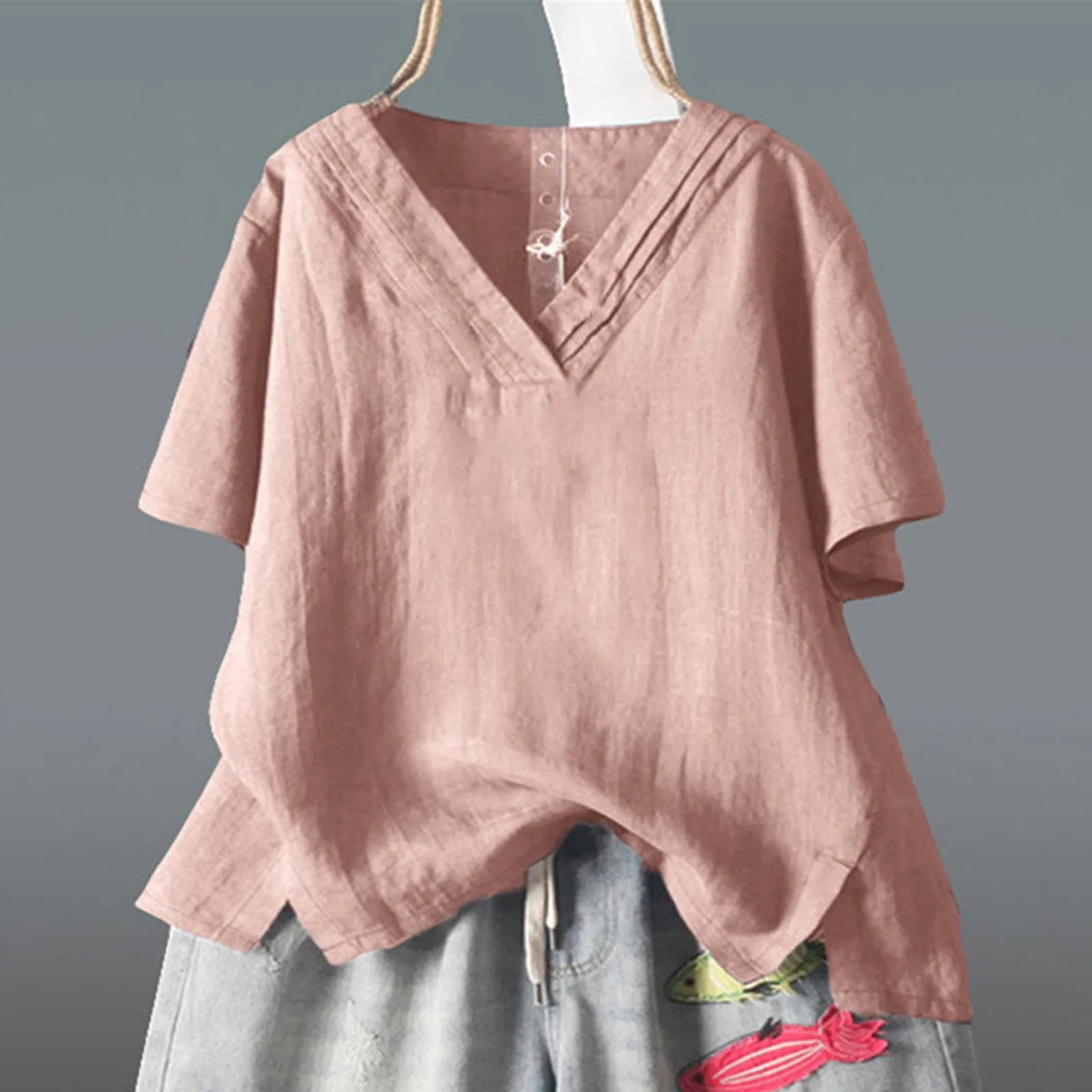 Футболка женская Повседневная однотонная белая Свободная рубашка с V-образным