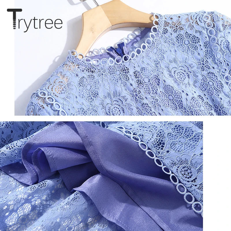 Платье-трапеция женское кружевное однотонное с круглым вырезом лето-осень |