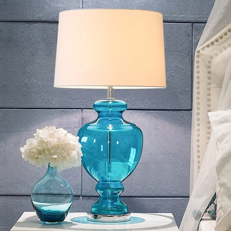 

Free Shipping Blue Gourd Vase Glass Table Lamp for Living Room Bedroom Bedside Lamp 220v 110v EU Plug Art Deco