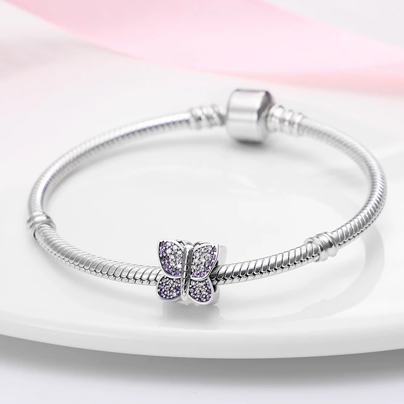 

Silver Fit Original Pandora Bracelet Necklace Double Sided Butterfly Shape Beads Woman DIY Fashion Fine Jewelry Pendant 2021 New