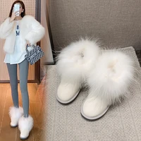 fox fur waterproof leather snow boots womens short tube flat non slip metal surface leather snow cotton short boots