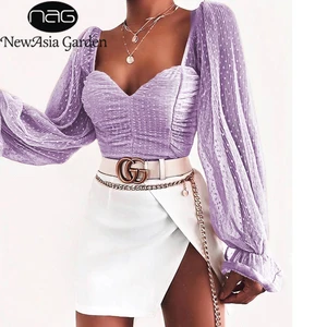 Женская блузка в горошек NewAsia Garden, розовая блузка с пышными рукавами и оборками, винтажные Однотонные блузки с квадратным вырезом, 2020