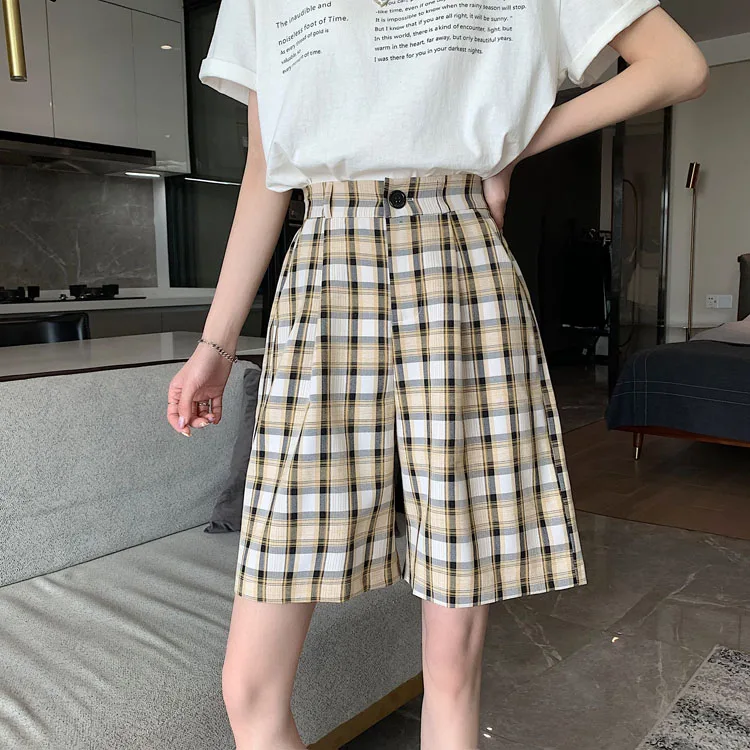 

Check Shorts Summer Fashion New 5 Colors Women Loose High Waist Wide Leg Casual Shorts For Women Short Pant Streetwear 3XL Q422