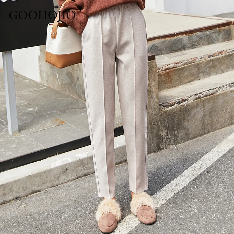 

GOOHOJIO 2020 New Autumn Thick High Waist Loose Harem Pants Women Casual Cropped Pants for Ladies Woolen Cloth Women Trousers