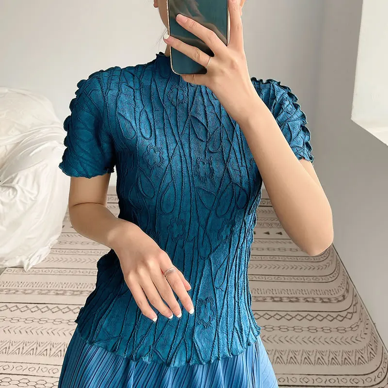 

XITAO Folds solid casual T-shirt female Korea 2021 Summer New Personality Fashion Slim Turtleneck Pullover Short Sleeve WMD1393