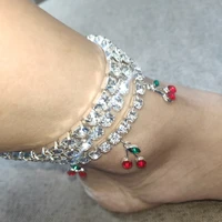 rhinestone cherry ankle bracelet tennis chain crystal anklets for women beach leg foot bracelets boho jewelry