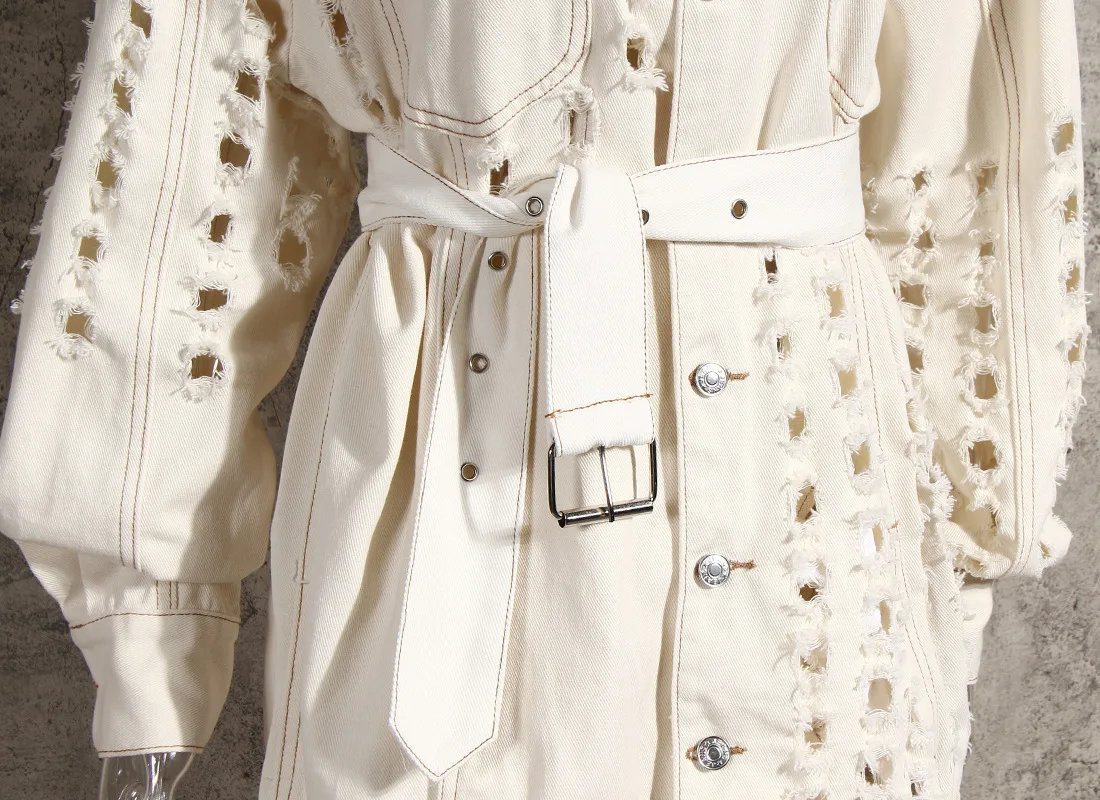 

Autumn Fashion White/Blue Denim Woman Jacket 2020 Women Runway Designers Hole mujer chaqueta with sashes