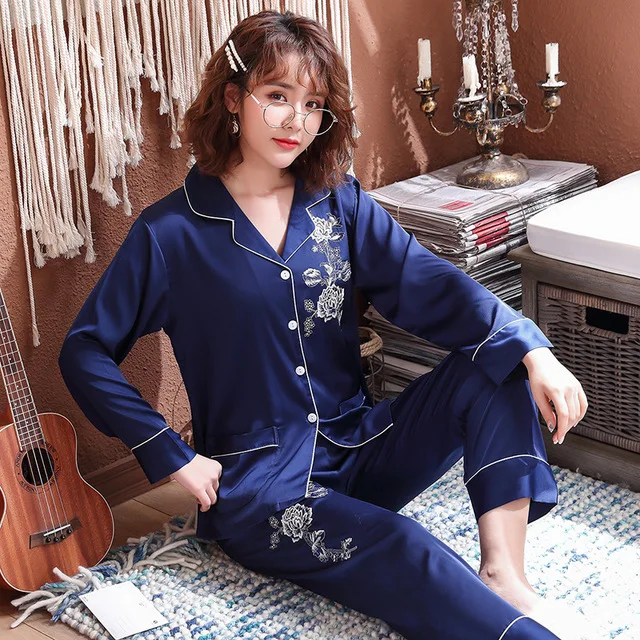 

Women Silk Pajama Sets Satin Pyjama Sleepwear Long Sleeve Large Size Fashion Pajamas for girl Nightwear Suit Home New 2020 PJS