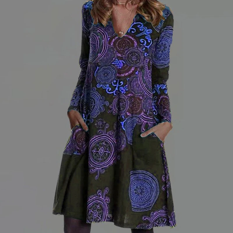 

2021 Spring Elegant V Neck Women A-Line Dress Vintage Pattern Print Pocket Party Dresses Autumn Long Sleeve Loose Dress Vestidos